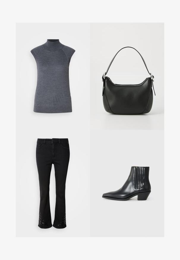 Graues ärmelloses Rollkragenoberteil, körpernahe Passform, gerippte Textur, glattes Material, mit hochgeschlossenem Kragen und stilvollen Schulter-Ausschnitten.; Schwarze Denim-Jeans im Schlagstil mit dekorativen Paillettenmustern am Saum, ausgestattet mit fünf Taschen, Gürtelschlaufen und Knopfverschluss vorne.; Schwarze Leder-Ankle-Boots mit spitzem Zehenbereich, seitlichen elastischen Einsätzen mit vertikalen Rillen und einem niedrigen Blockabsatz. Glatte Textur und elegantes Design.; Schwarze Ledertasche mit geschwungener Form, silbernem Reißverschluss und kurzem Griff. Verfügt über ein dezentes Logo auf der Vorderseite und eine glatte Textur.