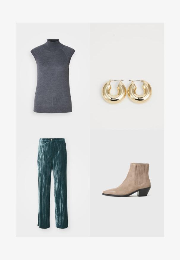 Sivý bezrukávový rolák, priliehavý strih, žebrovaná textúra, hladká látka, vysoký golier a štýlové výrezy na pleciach.; Tyrkysové plisované nohavice s širokým strihom, vyrobené z lesklého materiálu, s vertikálnymi prúžkami pre textúru a pásom s malým kovovým akcentom.; Béžová semišová členková obuv s špicatou špičkou a tvarovaným opätkom, s vertikálnymi prešívaniami na stranách.; Zlaté kruhové náušnice s hladkým, zaobleným dizajnom a lesklým povrchom, s klipom pre zabezpečenie. Vypálené s nápisom "DKNY."