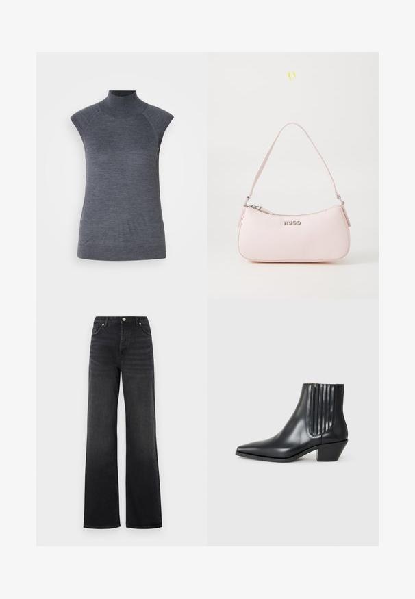 Hallituskaaluga ilma varrukateta turtleneck tops, keha libisev sobivus, sooniktekstuur, sile kanga, kõrgema kaeluse ja stiilsete õlavarre avadega.; Mustad kõrgbelgede laiad teksad, millel on nupplukud ja esikotid, kergelt pleekinud detailid reitel.; Must kõva nahast ankle boot terava varbaga, elastsete külgpanelide ja vertikaalsete soontega ning madala ploki kontsaga. Sile tekstuur ja stiilne disain.; Roosa nahast käekott, millel on kaarjas disain, lukuga sulgemine ja õlavarre rihm. Esiküljel on hõbedane logo.