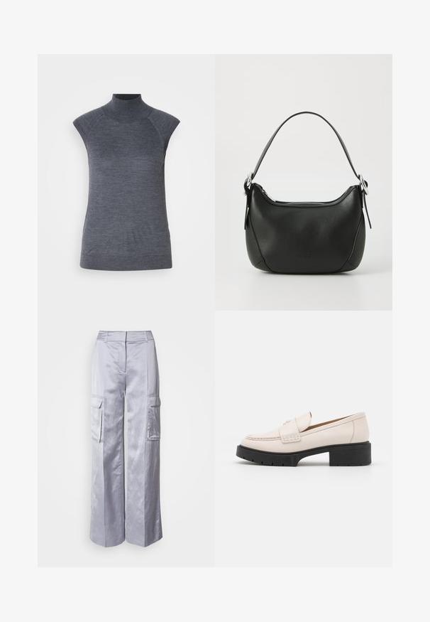 Pelēks bez piedurknēm turtlenecks tops, cieši pieguloša silueta, ribota tekstūra, gluda auduma, ar augstu kaklu un stilīgiem plecu izgriezumiem.; Gai pelēki plati cargo bikses, izgatavotas no gludas auduma, ar sānu kabatām, pielāgotu jostu un bez redzamām aizdares vai rāvējslēdzējiem.; Gai krēmkrāsas ādas loaferi ar šuvēm priekšpusē un teksturētu melnu platformas papēdi. Ir izliekts dizains un neliels pacēlums.; Melnas ādas rokassoma ar izliekumu formu, sudraba rāvējslēdzis un īsu rokturi. Priekšpusē ir smalks logo un gluda tekstūra.