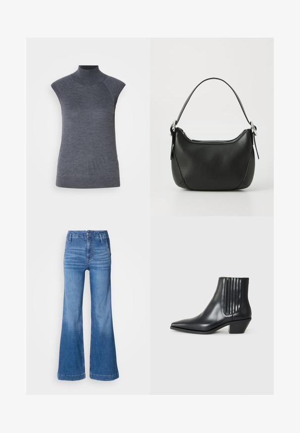 Szürke ujjatlan garbó felső, testhez simuló szabás, bordázott textúra, sima anyag, magas nyakkal és stílusos vállkivágásokkal rendelkezik.; Világoskék, trapézszárú farmernadrág. Magas derekú, elülső zsebekkel és letisztult szegéllyel rendelkezik, a lábakon finom kopásnyomokkal.; Fekete bőr bokacsizma hegyes orral, elasztikus oldalsó panelekkel, amelyek függőleges bemetszésekkel rendelkeznek, és alacsony blokk sarkú. Sima textúrájú és elegáns dizájn.; Fekete bőr kézitáska ívelt formával, ezüst cipzárral és rövid fogantyúval. Az elején diszkrét logó található, és sima tapintású.