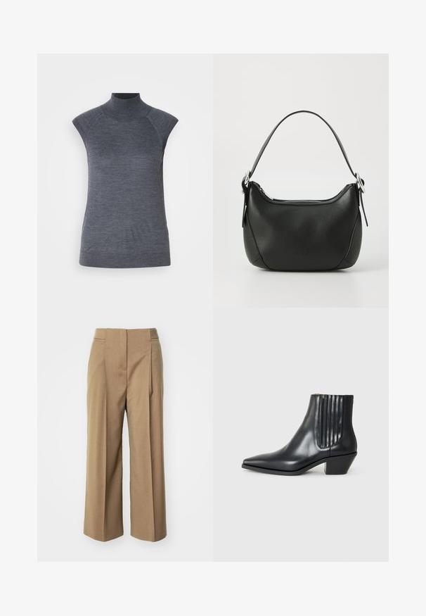 Pelēks bez piedurknēm turtlenecks tops, cieši pieguloša silueta, ribota tekstūra, gluda auduma, ar augstu kaklu un stilīgiem plecu izgriezumiem.; Beige šūtas plaša kāju bikses ar priekšējām krokām, gludu tekstūru un kabatām abās pusēs. Tīrs dizains un vidēja augstuma jostasvieta.; Melnas ādas potītes zābaki ar izsistu purngali, elastīgām sānu paneļiem ar vertikālām grodām un zemu bloku papēdi. Gluda tekstūra un elegants dizains.; Melnas ādas rokassoma ar izliekumu formu, sudraba rāvējslēdzis un īsu rokturi. Priekšpusē ir smalks logo un gluda tekstūra.