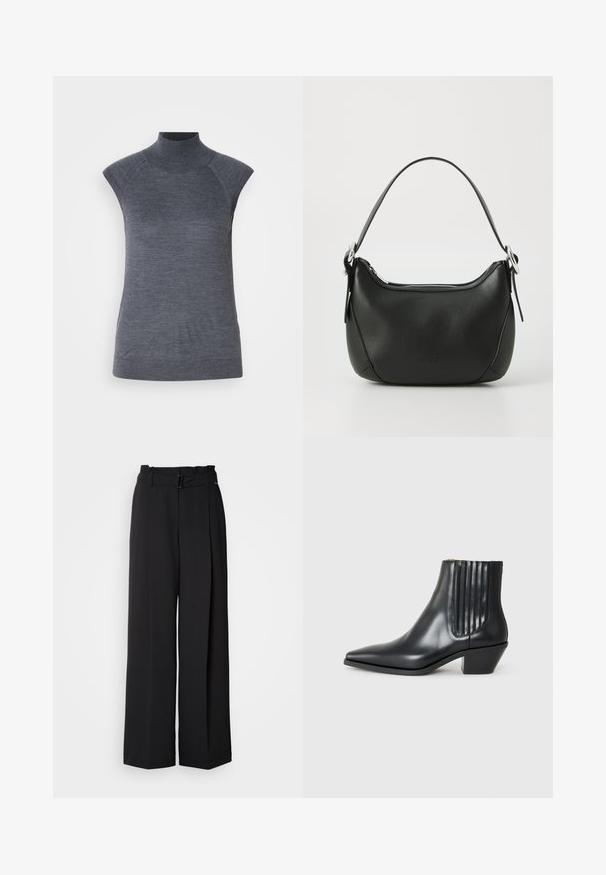 Pelēks bez piedurknēm turtlenecks tops, cieši pieguloša silueta, ribota tekstūra, gluda auduma, ar augstu kaklu un stilīgiem plecu izgriezumiem.; Melnas platās bikses ar augstu jostasvietu, ar jostu ar sprādzi un divām priekšējām krokām papildus strukturētai formai. Gluda tekstūra.; Melnas ādas potītes zābaki ar izsistu purngali, elastīgām sānu paneļiem ar vertikālām grodām un zemu bloku papēdi. Gluda tekstūra un elegants dizains.; Melnas ādas rokassoma ar izliekumu formu, sudraba rāvējslēdzis un īsu rokturi. Priekšpusē ir smalks logo un gluda tekstūra.