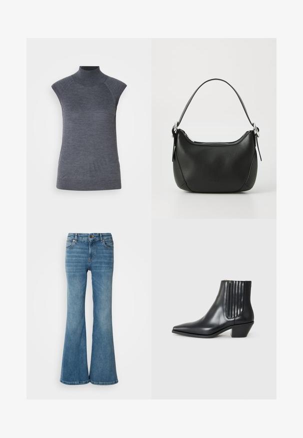 Top gris sin mangas con cuello alto, ajuste ceñido al cuerpo, textura acanalada, tela suave, presenta un cuello alto y elegantes recortes en los hombros.; Vaqueros de mezclilla de color azul claro, acampanados, que cuentan con cinco bolsillos, costuras visibles y un cierre de botón y cremallera en la cintura.; Bota de cuero negra de tobillo con punta afilada, paneles laterales elásticos con ranuras verticales y un tacón bajo y cuadrado. Textura suave y diseño elegante.; Bolso de mano de cuero negro con forma curvada, cremallera plateada y un asa corta. Presenta un logotipo sutil en la parte frontal y una textura suave.