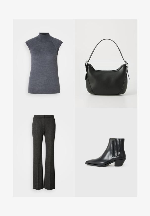 Pelēks bez piedurknēm turtlenecks tops, cieši pieguloša silueta, ribota tekstūra, gluda auduma, ar augstu kaklu un stilīgiem plecu izgriezumiem.; Pelēkas flared bikses, izgatavotas no strukturētas auduma. Tām ir plakana priekšpuse, piegriezta silueta un smalka zivs kaula raksts visā tās virsmas. ; Melnas ādas potītes zābaki ar izsistu purngali, elastīgām sānu paneļiem ar vertikālām grodām un zemu bloku papēdi. Gluda tekstūra un elegants dizains.; Melnas ādas rokassoma ar izliekumu formu, sudraba rāvējslēdzis un īsu rokturi. Priekšpusē ir smalks logo un gluda tekstūra.