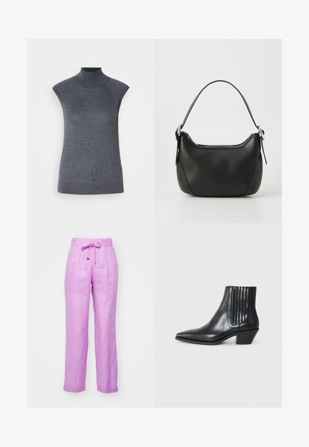 Grå ermeløs polo topp, kroppsnært snitt, ribbet tekstur, glatt stoff, har høy krage og stilige skulderutskjæringer.; Lys lilla linbukser med elastisk linning, justerbar snor og oppbrettede hem. Glatt tekstur, løs passform, uformell design.; Sorte skinnankelsko med spiss tå, elastiske sidepaneler med vertikale groper, og en lav blokkhæl. Glatt tekstur og elegant design.; Svart skinnveske med en buet form, sølv glidelås og kort håndtak. Har en subtil logo på forsiden og glatt tekstur.