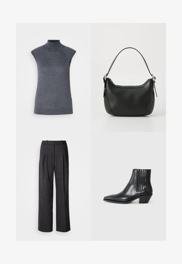 Šedý bezrukávový rolák, přiléhavý střih, žebrovaná textura, hladká látka, vysoký límec a stylové vykrojení na ramenech.; Tmavě šedé široké kalhoty z texturované tkaniny, s předními sklady a klasickým designem pásku. Žádné viditelné kapsy.; Černá kožená kotníková bota s špičatou špičkou, elastickými bočními panely s vertikálními drážkami a nízkým blokovým podpatkem. Hladká textura a elegantní design.; Černá kožená kabelka s zakřiveným tvarem, stříbrným zipem a krátkým uchem. Na přední straně se nachází nenápadné logo a má hladkou texturu.