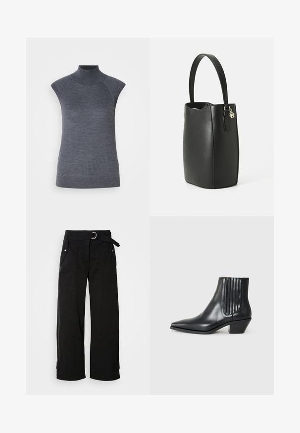 Sivý bezrukávový rolák, priliehavý strih, žebrovaná textúra, hladká látka, vysoký golier a štýlové výrezy na pleciach.; Čierne široké nohavice s opaskom, viacerými vreckami a uhlovými švami. Vyrobené z odolnej látky s hladkou textúrou.; Čierna kožená členková topánka s špicatou špičkou, elastickými bočnými panelmi s vertikálnymi drážkami a nízkym blokovým podpätkom. Hladká textura a elegantný dizajn.; Čierna kožená kabelka v tvare vedra so štruktúrovaným tvarom, hladkým povrchom a krátkym uchom. Obsahuje akcenty z kovu v zlatej farbe.; Strieborné kruhové náušnice s lesklým povrchom a značkou DKNY, vystavené na rovnom bielom pozadí.