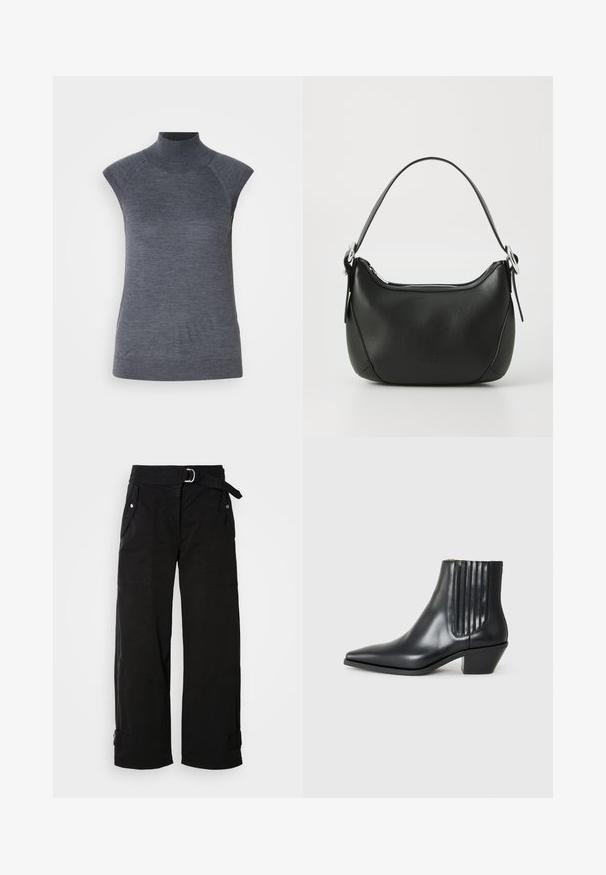 Grå ärmlös polokrage topp, figurnära passform, ribbad textur, mjukt material, har hög krage och stiliga axelöppningar.; Svarta vida byxor med bälte, flera fickor och vinklade sömmar. Tillverkade av slitstarkt tyg med en slät struktur.; Svart läderankelboot med spetsig tå, elastiska sidopaneler med vertikala spår och en låg blockklack. Slät textur och stilren design.; Svart läderhandväska med en böjd form, silverfärgad dragkedja och ett kort handtag. Har en diskret logga på framsidan och en slät yta.