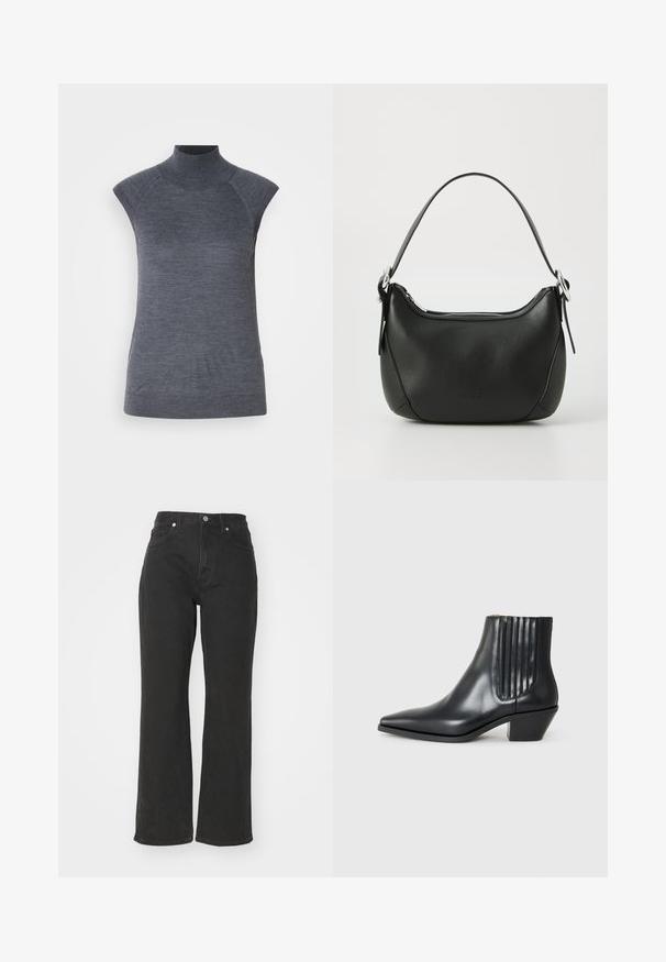 Šedý bezrukávový rolák, přiléhavý střih, žebrovaná textura, hladká látka, vysoký límec a stylové vykrojení na ramenech.; Černé široké džínové kalhoty s vysokým pasem, pěti kapsami a kovovým knoflíkem s klasickým prošívaným lemem.; Černá kožená kotníková bota s špičatou špičkou, elastickými bočními panely s vertikálními drážkami a nízkým blokovým podpatkem. Hladká textura a elegantní design.; Černá kožená kabelka s zakřiveným tvarem, stříbrným zipem a krátkým uchem. Na přední straně se nachází nenápadné logo a má hladkou texturu.
