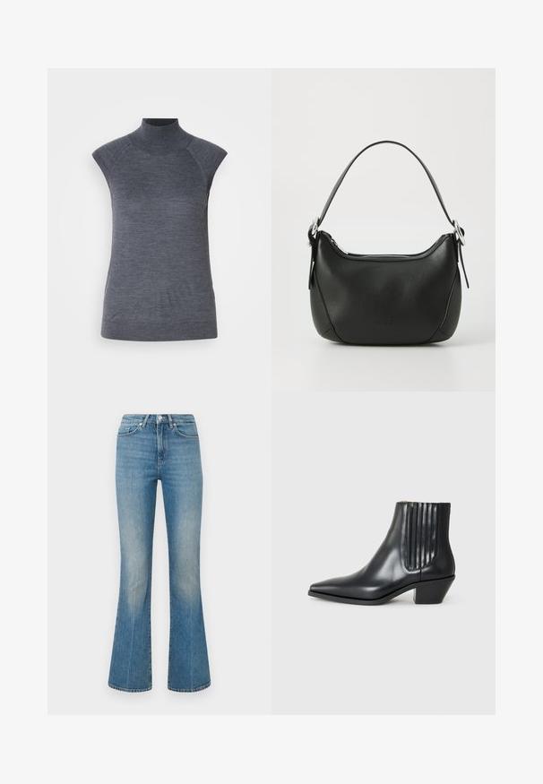 Pilkas be rankovių golfo tipo marškinėlis, prigludusio silueto, su raukinėta tekstūra, sklandžiu audiniu, turi aukštą apykaklę ir madingus pečių išpjovimus.; Šviesiai mėlynos desertinės džinsinės kelnės. Turi juostą su mygtuku ir išblukusį skalbimą, siaurėja iki plačios apatinės dalies ties kulkšnimis.; Juodas odinis aukšto bato konstrukcijos batas su smailiu nose, elastingais šoniniais paneleis su vertikaliomis grioveliais ir žemu blokuota pakulne. Lygi tekstūra ir elegantiškas dizainas.; Juodas odinis rankinė su išlenkta forma, sidabro užtrauktuku ir trumpa rankena. Pirmoje pusėje yra subtilus logotipas ir glotni tekstūra.