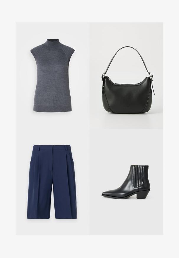 Šedý bezrukávový rolák, přiléhavý střih, žebrovaná textura, hladká látka, vysoký límec a stylové vykrojení na ramenech.; Námořnické modré šortky s upraveným střihem, s sklady na přední části, poutky na pásek a hladkou texturou látky, délka ke kolenům.; Černá kožená kotníková bota s špičatou špičkou, elastickými bočními panely s vertikálními drážkami a nízkým blokovým podpatkem. Hladká textura a elegantní design.; Černá kožená kabelka s zakřiveným tvarem, stříbrným zipem a krátkým uchem. Na přední straně se nachází nenápadné logo a má hladkou texturu.