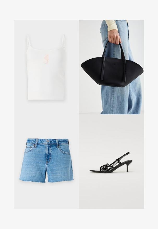 Valge ribaga kampsun õhukeste õlavarre rihmadega, kus keskel on väike roosa merihobune. Sile tekstuur, vabalt langev lõige.; Heledad denim lühikesed püksid helesinises toonis, millel on toore serva äär, viie tasku disain ja messingnõelaga lukustus. Sile tekstuur koos kerge fade'iga.; Must mustaga kõrge kontsaga kingad, millel on terav nina, mitme kitsas rihmaga ja ringjate aksessuaaridega esiküljel.; Must mustra kott, millel on unikaalne fännikujuline disain, millel on lapikud käepidemed. Pinna tekstuur on kivikujuline ja disain on minimalistlik.