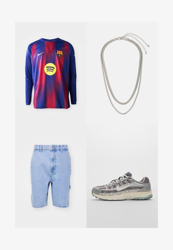 Pikad varrukad jalgpallipaita, millel on sinised ja punased vertikaalsed triibud, Nike'i logo, Barcelona rear ja ringikujuline Spotify logo keskel.; Hele sinine denimpüksid, millel on regulaarne lõige, vöökoht koos vööaasadega, ees taskud ja peened tuhmumise detailid üle kogu pükste.; Hallus hallitus jalanõud, millel on võrgust ja sametist ülemine osa, valged rõhutused, pehme tald ning eristuv disain peegelduvate elementidega.; Kolmekihiline hõbedane metallkaelakee, mis on valmistatud peentest, paindlikest kettidest kerge läikega, kinnitatud krabi sulguri ja reguleeritava ketiga.