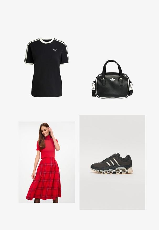 Zwarte katoenen t-shirt met witte accenten op de kraag en mouwen, met drie witte strepen op elke schouder en een klein logo op de borst.; Rode coltrui gecombineerd met een rode geruite midi-rok met plooien. De rok bevat blauwe en zwarte geruite accenten.; Zwarte sportschoen met een gestructureerde bovenkant, drie zilveren strepen en een kenmerkende dempingszool met meerdere geïntegreerde secties.; Zwarte leren handtas met twee korte handvatten, zilverkleurige hardware, witte accenten en een wit logo. Heeft een gestructureerd oppervlak en een compact ontwerp.
