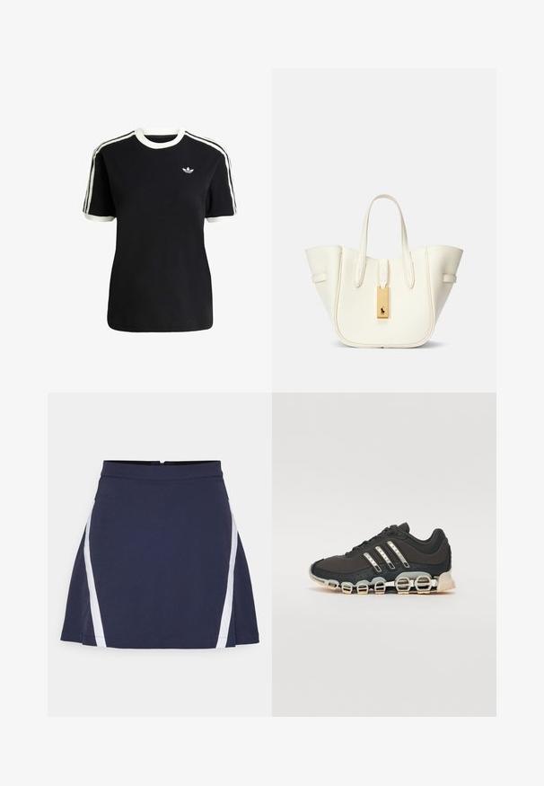 Black cotton t-shirt with white accents on the collar and sleeves, featuring three white stripes on each shoulder and a small logo on the chest.; Navy blue skirt with a fitted waist and flared silhouette. Features white side stripes and a concealed zipper at the back. Smooth texture.; Black athletic shoe with a textured upper, three silver stripes, and a distinctive cushioning sole featuring multiple integrated sections.; White leather tote bag with a structured shape, prominent stitching, gold hardware tag, and dual handles. Textured surface with side pockets.