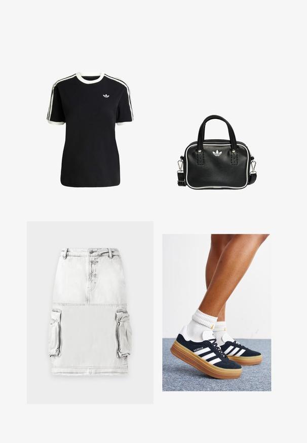 T-shirt nera in cotone con accenti bianchi sul collo e sulle maniche, caratterizzata da tre strisce bianche su ciascun spalla e un piccolo logo sul petto.; Gonna in denim grigia chiara con vita alta, bottoni frontali e due tasche laterali di tipo cargo. Tessuto leggermente strappato.; Sneakers in pelle scamosciata nera con strisce e dettagli bianchi, punta arrotondata, suola in gomma color gomme, abbinate a calzini bianchi a coste alla caviglia.; Borsa a mano in pelle nera con due manici corti, hardware argentato, dettagli bianchi e un logo bianco. Presenta una superficie strutturata e un design compatto.
