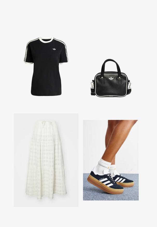 Zwarte katoenen t-shirt met witte accenten op de kraag en mouwen, met drie witte strepen op elke schouder en een klein logo op de borst.; Lange witte rok van textuurstof, met een geruit patroon, een gelaagd ontwerp en een taps toelopende strik bij de taille.; Zwarte suède sneakers met witte strepen en accenten, ronde neus, gum rubberen buitenzool, gecombineerd met witte geribbelde crewkousen.; Zwarte leren handtas met twee korte handvatten, zilverkleurige hardware, witte accenten en een wit logo. Heeft een gestructureerd oppervlak en een compact ontwerp.