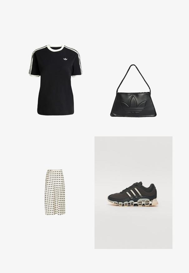 Mustat puuvillapaidat, joissa on valkoiset yksityiskohdat kauluksessa ja hihoissa, jossa on kolme valkoista raitaa kummallakin olkapäällä ja pieni logo rintataskussa.; Midi hame, joka on valmistettu sileästä kankaasta off-white värissä suurilla mustilla pilkuilla, jossa on levenevä siluetti ja mukava vyötärönauha.; Musta urheilujalkine, jossa on teksturoitu päällinen, kolme hopeista raitaa ja erottuva vaimennustuli, jonka rakenne koostuu useista integroituista osista.; Musta nahkakäsilaukku trapetsinmuotoisella muotolla, jossa on kohotettu Adidas-logo ja ohut olkahihna. Vetoketjukiinnitys ylhäällä.