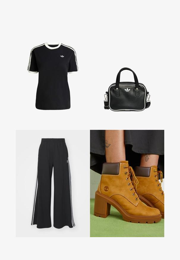 Black cotton t-shirt with white accents on the collar and sleeves, featuring three white stripes on each shoulder and a small logo on the chest.; Black wide-leg sweatpants with an elastic waistband, featuring white side stripes and an embroidered logo on the left thigh.; Tan suede ankle boots with brown collar, gold eyelets, and yellow laces. Chunky brown heel and logo detail on the side.; Black leather handbag with two short handles, silver hardware, white accents, and a white logo. Features a textured surface and compact design.