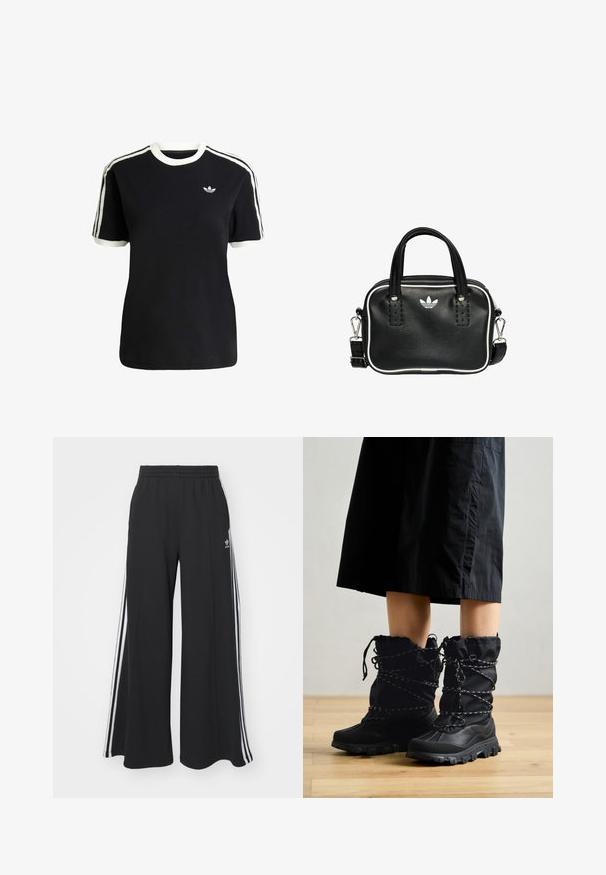 Sort bomulds t-shirt med hvide detaljer på kraven og ærmerne, præget af tre hvide striber på hver skulder og et lille logo på brystet.; Sorte brede sweatpants med elastisk talje, med hvide sidelommer og et broderet logo på venstre lår.; Sorte vinterstøvler med en struktureret overflade, høj silhuet og samlet top. Har kontrasterende grønne snørebånd og robuste såler.; Sort læderhandtaske med to korte håndtag, sølvhardware, hvide accenter og et hvidt logo. Har en struktureret overflade og et kompakt design.