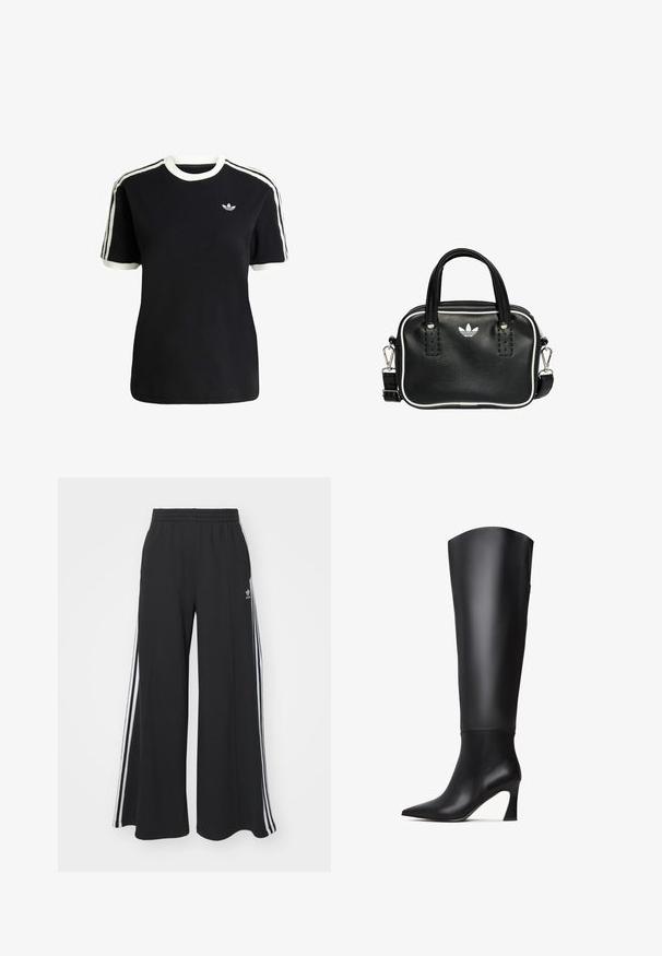 Camiseta de algodón negra con acentos en blanco en el cuello y las mangas, que presenta tres rayas blancas en cada hombro y un pequeño logo en el pecho.; Pantalones de chándal negros de pierna ancha con una cinturilla elástica, que presentan franjas blancas a los lados y un logo bordado en el muslo izquierdo.; Botas de cuero negras hasta la rodilla con puntera afilada, caña recta y tacón alto y cónico. Textura suave con un Detalle mínimo.; Bolso de mano de cuero negro con dos asas cortas, herrajes plateados, detalles en blanco y un logotipo blanco. Presenta una superficie texturada y un diseño compacto.