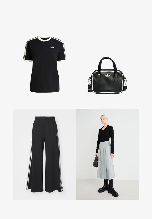 Black cotton t-shirt with white accents on the collar and sleeves, featuring three white stripes on each shoulder and a small logo on the chest.; Black wide-leg sweatpants with an elastic waistband, featuring white side stripes and an embroidered logo on the left thigh.; Black long-sleeve top, light gray pleated skirt with double buckle details, and black chunky-sole boots; silver handbag with embellishments.; Black leather handbag with two short handles, silver hardware, white accents, and a white logo. Features a textured surface and compact design.