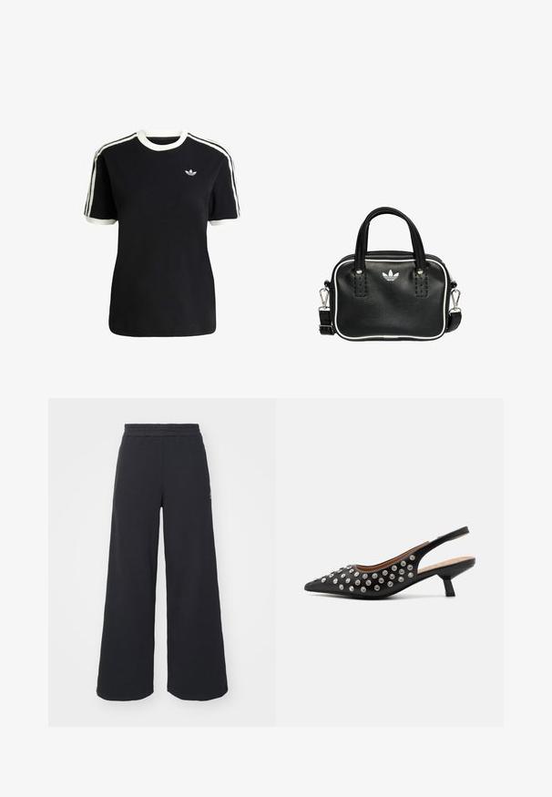 Camiseta de algodón negra con acentos en blanco en el cuello y las mangas, que presenta tres rayas blancas en cada hombro y un pequeño logo en el pecho.; Pantalones de chándal negros de pierna ancha, hechos de una tela suave, con una cintura elástica y un pequeño logo en el lado izquierdo.; Sandal de tacón negro tipo slingback con punta afilada, adornada con tachuelas plateadas, que cuenta con un tacón bajo y una textura de piel suave.; Bolso de mano de cuero negro con dos asas cortas, herrajes plateados, detalles en blanco y un logotipo blanco. Presenta una superficie texturada y un diseño compacto.