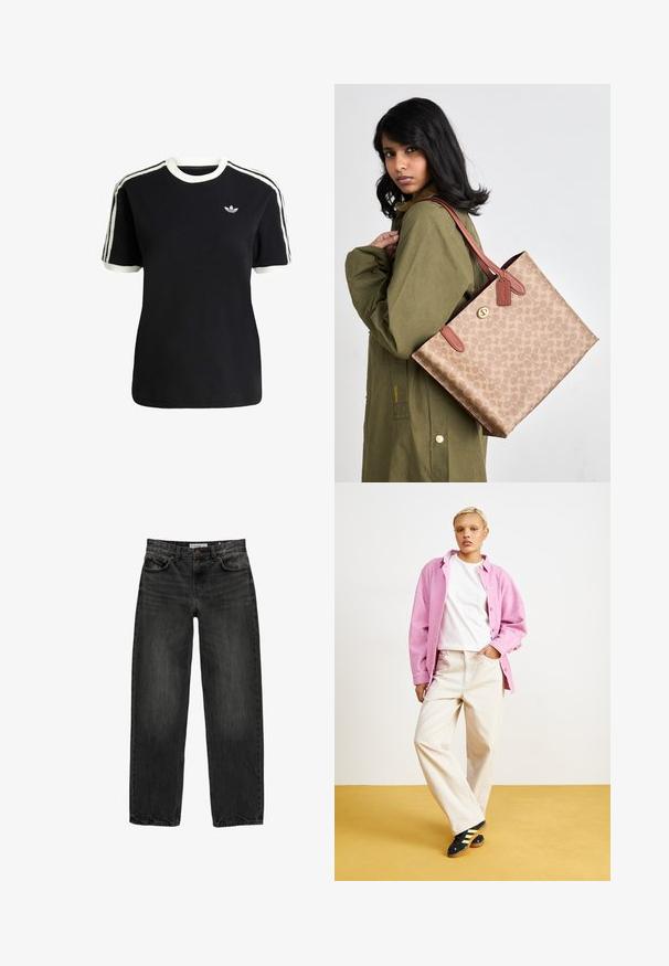 Zwarte katoenen t-shirt met witte accenten op de kraag en mouwen, met drie witte strepen op elke schouder en een klein logo op de borst.; Zwarte denim jeans met een relaxte pasvorm, rechte pijpen, vijf-pocket ontwerp en een licht vervaagde textuur. Knop- en ritssluiting aan de voorkant.; Roze corduroy shirt over een witte T-shirt, gecombineerd met beige wijde broeken en zwarte schoenen met gele strepen. Geplaatst tegen een gele achtergrond.; Bruine tas met patroon en leren accenten en handvatten. De tas heeft een ritsclosure en wordt gedragen over een groene jas.