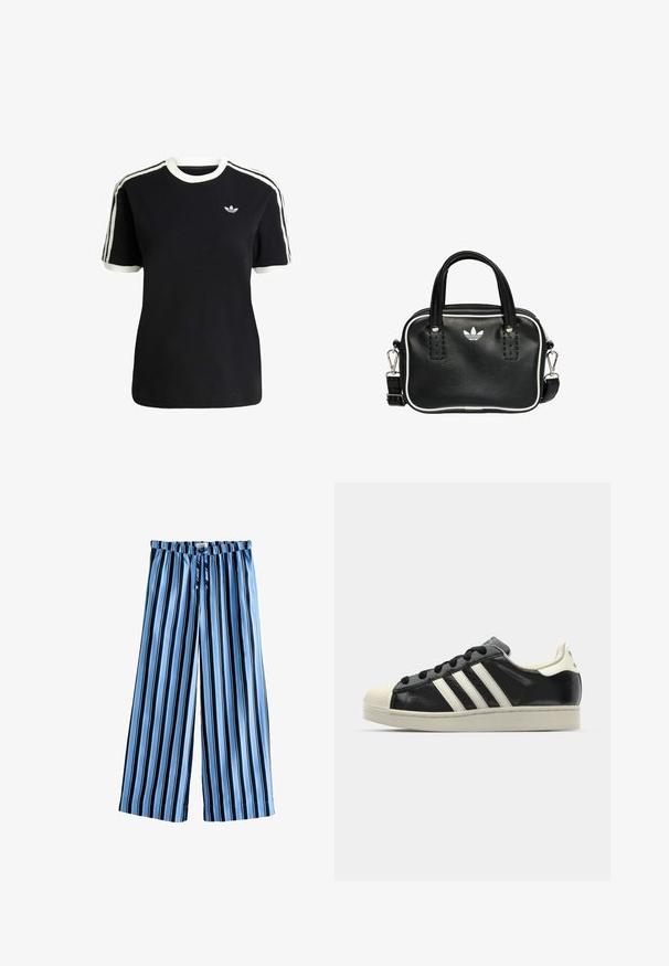 Schwarzes Baumwoll-T-Shirt mit weißen Akzenten am Kragen und an den Ärmeln, ausgestattet mit drei weißen Streifen auf jeder Schulter und einem kleinen Logo auf der Brust.; Gestreifte weite Hosen in Hellblau und Marineblau, mit einem Kordelzugbund, weichem Stoff und einer lockeren Silhouette für hohen Tragekomfort.; Schwarze Ledersneaker mit weißen Streifen, Gummikappe, schwarzen Schnürsenkeln und einer cremefarbenen Sohle. Glatte Textur mit glänzender Oberfläche.; Schwarze Lederhandtasche mit zwei kurzen Griffen, silbernem Zubehör, weißen Akzenten und einem weißen Logo. Verfügt über eine strukturierte Oberfläche und ein kompaktes Design.
