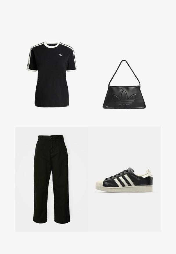 Czarna bawełniana koszulka z białymi akcentami na kołnierzyku i rękawach, z trzema białymi paskami na każdym ramieniu oraz małym logo na piersi.; Czarne, szerokie spodnie wykonane z wytrzymałego materiału bawełnianego. Posiadają zapięcie na guzik i kieszenie boczne. Gładka faktura oraz dopasowane wykończenie.; Czarne skórzane trampki z białymi paskami, gumowym czubkiem, czarnymi sznurówkami i kremową podeszwą. Gładka faktura z połyskującym wykończeniem.; Czarna skórzana torebka w kształcie trapezu, z wystającym logo Adidas i cienkim paskiem na ramię. Zamknięcie na zamek błyskawiczny u góry.
