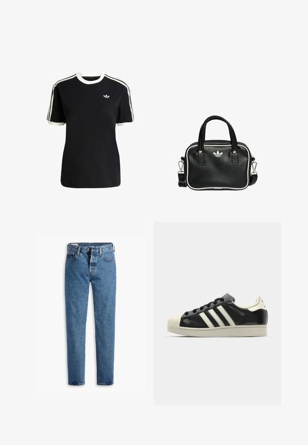 Black cotton t-shirt with white accents on the collar and sleeves, featuring three white stripes on each shoulder and a small logo on the chest.; Light blue denim jeans with a straight cut, five pockets, and standard button-fly closure. Features orange stitching and a slightly faded texture.; Black leather sneaker with white stripes, rubber toe cap, black laces, and a cream-colored outsole. Smooth texture with shiny finish.; Black leather handbag with two short handles, silver hardware, white accents, and a white logo. Features a textured surface and compact design.