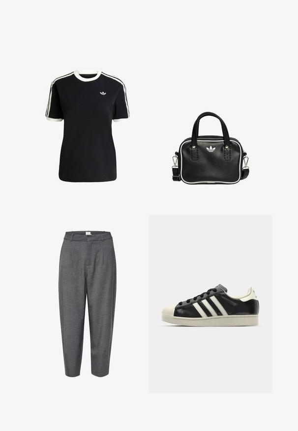 T-shirt nera in cotone con accenti bianchi sul collo e sulle maniche, caratterizzata da tre strisce bianche su ciascun spalla e un piccolo logo sul petto.; Pantaloni grigi affusolati realizzati in tessuto testurizzato; presentano pences e una cintura liscia con chiusura nascosta.; Sneaker in pelle nera con strisce bianche, punta in gomma, lacci neri e suola di colore crema. Texture liscia con finitura brillante.; Borsa a mano in pelle nera con due manici corti, hardware argentato, dettagli bianchi e un logo bianco. Presenta una superficie strutturata e un design compatto.