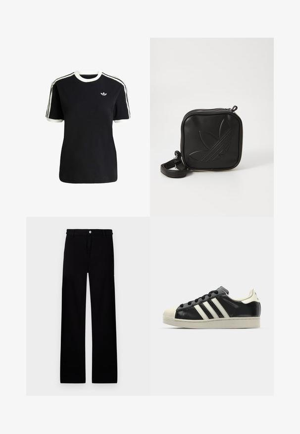Camiseta de algodón negra con acentos en blanco en el cuello y las mangas, que presenta tres rayas blancas en cada hombro y un pequeño logo en el pecho.; Pantalones de algodón negros con un diseño de pierna recta, que cuentan con un cierre de botón en la parte delantera y sin patrones o acentos visibles.; Zapatilla de cuero negro con rayas blancas, puntera de goma, cordones negros y suela color crema. Textura suave con acabado brillante.; Bolso cruzado negro hecho de material sintético texturizado. Presenta un diseño de logo en relieve y correa ajustable. Cierre con cremallera.