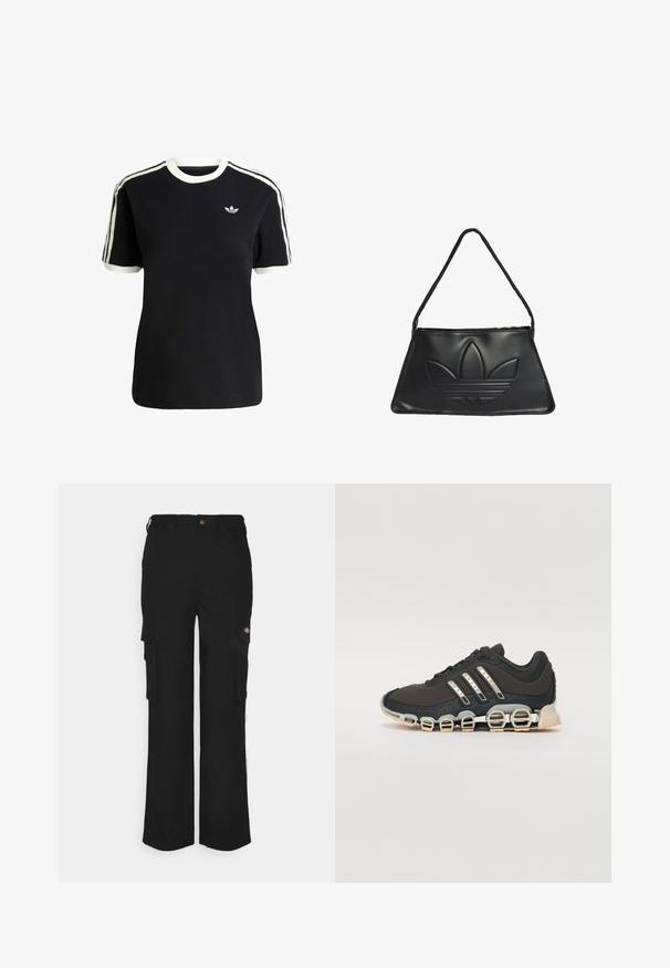 Černé bavlněné tričko s bílými akcenty na límci a rukávech, které má tři bílé pruhy na každém rameni a malé logo na hrudi.; Černé cargo kalhoty vyrobené z odolné látky, s dvěma bočními kapsami, zapínáním na knoflík a volným střihem se rovnými nohavicemi.; Černá atletická bota s texturovaným svrškem, třemi stříbrnými pruhy a výraznou odpruženou podrážkou se spoustou integrovaných sekcí.; Černá kožená kabelka trapézového tvaru, s vyvýšeným designem loga Adidas a tenkým ramenním popruhem. Zapínání na zip nahoře.