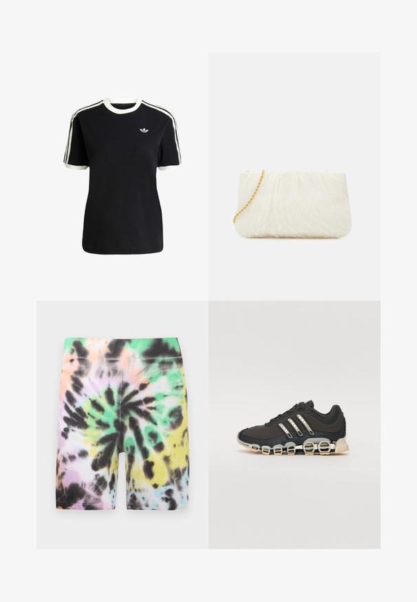 Černé bavlněné tričko s bílými akcenty na límci a rukávech, které má tři bílé pruhy na každém rameni a malé logo na hrudi.; Kratké kalhoty s tie-dye motivem ve smíšených odstínech pastelových barev: zelené, růžové, černé a žluté. Vyrobeny z měkké, elastické látky.; Černá atletická bota s texturovaným svrškem, třemi stříbrnými pruhy a výraznou odpruženou podrážkou se spoustou integrovaných sekcí.; Bílá texturovaná kabelka s uloženým designem, vybavená zlatým řetízkem. Hladký povrch s jemnými vlnami a zaoblenými okraji.