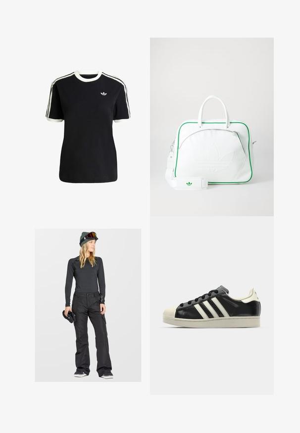 Zwarte katoenen t-shirt met witte accenten op de kraag en mouwen, met drie witte strepen op elke schouder en een klein logo op de borst.; Zwart thermoshirt met lange mouwen gecombineerd met zwarte sneeuwbroeken. De outfit omvat een groene beanie en skibril, waarbij functionaliteit wordt benadrukt.; Zwarte leren sneaker met witte strepen, rubberen teenbescherming, zwarte veters en een crèmekleurige loopzool. Glad oppervlak met een glanzende afwerking.; Witte leren tas met groene accenten, voorzien van een opvallend reliëflogo, dubbele handvatten, een afneembare schouderriem en een ritsvak aan de voorkant.