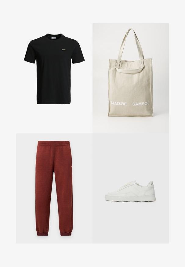 Czarny bawełniany t-shirt z okrągłym dekoltem, krótkimi rękawami i małym zielonym logo krokodyla po lewej stronie klatki piersiowej. Gładka tekstura, casualowy design.; Fleece'owe spodnie dresowe w kolorze rdzy z elastyczną talią i mankietami na kostkach, zaprezentowane na białym tle.; Białe skórzane sneakersy o gładkim wykończeniu, okrągłym nosku, płaskich sznurówkach i teksturowanej podeszwie. Charakteryzują się delikatnym logo na pięcie.; Torba płócienna w jasnym beżu z podwójnymi uchwytami, z białym logo "SAMSOE" drukowanym z przodu. Prostopadłościenny kształt o prostym wzornictwie.