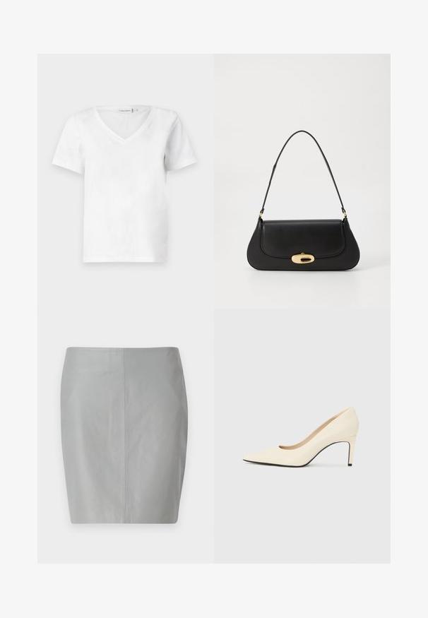 White short-sleeve V-neck t-shirt made of cotton, featuring a soft texture and a classic fit. Label visible at the neckline.; Gray leather pencil skirt with a smooth texture, featuring a simple design, and a central seam running vertically down the back.; White leather high-heeled pump with a pointed toe, smooth texture, and black sole accent. Classic design with a moderate heel height.; Black leather handbag with a curved design, gold-tone hardware, and a top handle. Features a sleek closure and smooth texture.