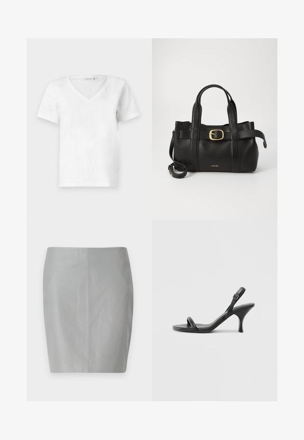 White short-sleeve V-neck t-shirt made of cotton, featuring a soft texture and a classic fit. Label visible at the neckline.; Gray leather pencil skirt with a smooth texture, featuring a simple design, and a central seam running vertically down the back.; Black leather high-heeled sandals with a slim, curved heel and a crossed strap design. Adjustable ankle strap. Smooth texture.; Black leather handbag featuring a structured design, dual top handles, gold-tone buckle accent, and embossed brand logo at the front.
