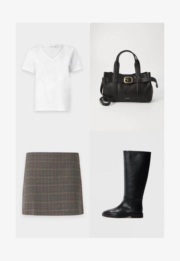 T-shirt blanc à manches courtes en V en coton, avec une texture douce et une coupe classique. Étiquette visible à l'encolure.; Jupe mini à motif damier présentant des tons marron, beige et marine, avec une texture lisse et une coupe droite, conçue sans fermetures visibles.; Botte en cuir noir, montant jusqu'au genou, avec un bout arrondi, texture lisse, design minimaliste et semelle plate. Détails de couture simples sur la tige.; Sac à main en cuir noir présentant un design structuré, deux poignées supérieures, un accent de boucle en ton doré et un logo de la marque en relief à l'avant.