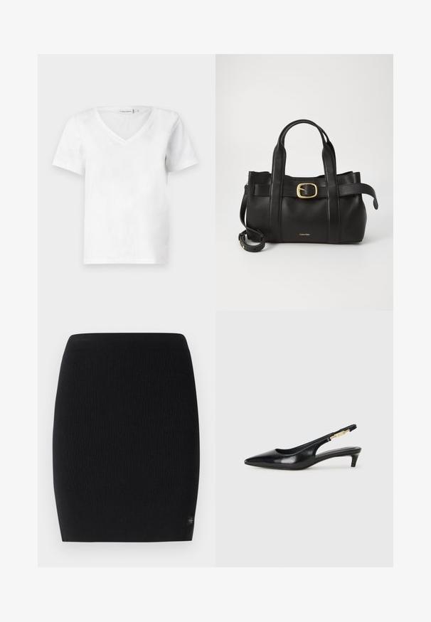 Bela kratka majica s kratkimi rokavi in V-izrezom, izdelana iz bombaža, z mehko teksturo in klasičnim krojem. Oznaka vidna na izrezu.; Črna rebrasta pletena krila s prileganjem, ki vključuje brezšivni pas in majhno oznako blagovne znamke v spodnjem desnem kotu.; Črne usnjene sandale na peto z ostro konico, ki imajo tanko peto in zlat ton na nastavljivem traku. Gladka tekstura.; Črna usnjena torba s strukturirano zasnovo, dvojni zgornji ročaji, zlato-tonirni zaponka kot dodatek in vtisnjeni logotip blagovne znamke spredaj.