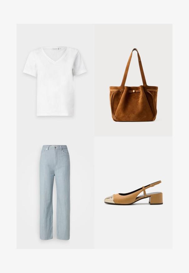 Hvid kortærmet V-hals t-shirt lavet af bomuld, med en blød tekstur og en klassisk pasform. Etiketten er synlig ved halsudskæringen.; Lysblå straight-leg jeans lavet af denim. Har fem lommer, en metal knaplukning og subtile slidser for tekstur.; Tan læder slingback pumpe med en metallisk guldkappe, der har en blokhæl og en slank justerbar rem. Glat tekstur med minimal detaljer.; Brun suede tote taske med dobbelthåndtag, en lukning med knap og en afslappet, let slaskete form.