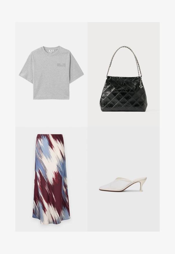 T-shirt grigia a maniche corte e taglio corto, realizzata in morbido cotone. Presenta un logo in rilievo discreto sulla parte anteriore e un collo rotondo.; Gonna lunga con un motivo tie-dye diagonale nei toni del bordeaux, blu e crema, realizzata in un tessuto morbido con una silhouette fluida e una leggera lucentezza.; Mule bianco in rete con punta appuntita, tacco medio sottile e design slip-on su uno sfondo semplice.; Borsa a tracolla nera in pelle trapuntata con manico a catena argentata, caratterizzata da un design strutturato e una texture liscia.