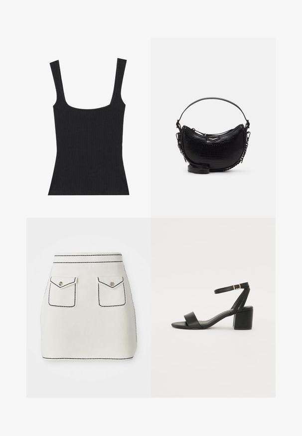 Musthave mustriba tank top ruudukujulise käisega ja peenete, reguleeritavate rihmadega. Kangas on tekstuuriga ja istub hästi.; Valge kangast mini-seelik mustade õmblustega, millel on kaks eesmist taskut klappidega ja hõbedased nupuaktsentidega. Sile tekstuur ja struktureeritud kuju.; Mustad mustakäpp featuring a sileda nahast ülemine osa, avatud varvas, laiad esistrapid ja reguleeritav pahkluu rihm kuldse pandlaga.; Must have musta nahk-efektega käekott, millel on kumer kuju, eemaldatav õlapael ja ees särav metalliline detail.