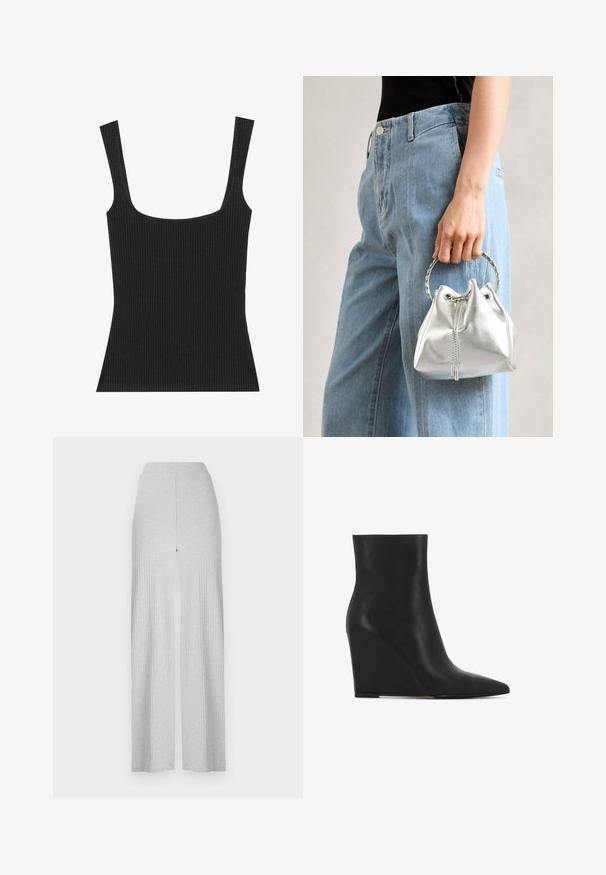 Débardeur noir côtelé avec un décolleté carré et des bretelles fines réglables. Le tissu présente un motif texturé et une coupe ajustée.; Pantalons larges côtelés gris clair avec une taille haute et une fente avant. Fabriqués en tissu doux avec une texture lisse.; Bottines à talon noir en cuir texturé ; dotées d'un bout pointu et d'un design lisse et élégant avec une silhouette galbée.; Sac en seau argent métallique avec une finition texturée, orné d'une poignée ronde en argent et d'une fermeture à cordon, tenu contre un jean bleu clair.