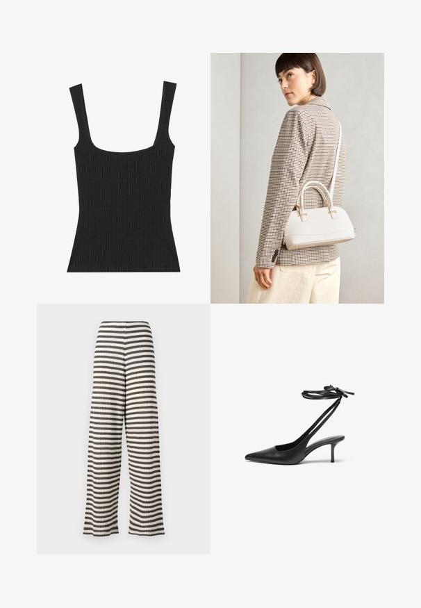 Black ribbed tank top with a square neckline and slim, adjustable straps. The fabric features a textured pattern and a fitted design.; Wide-leg pants in black and white striped pattern, featuring a textured surface and an elastic waistband for comfort.; Black leather stiletto shoe with a pointed toe, open back, and ankle straps tied in a bow. Slim 3-inch heel. Smooth texture, minimalist design.; White structured handbag with short handles and a shoulder strap, featuring gold hardware accents and textured material, displayed against a grey background.