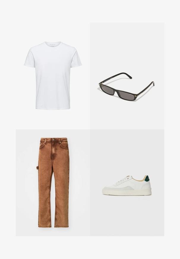 Bílý krátký rukáv tričko vyrobené z měkké bavlny, s kulatým výstřihem a standardním střihem, bez vzorů nebo viditelných kovových prvků.; Hnědé široké kalhoty vyrobené z měkké tkaniny. Mají zapínání na knoflík, přední kapsy a boční popruh pro zvýšenou funkčnost.; Bílé tenisky se semišovými prvky, kulatou špičkou, plochými tkaničkami a krémovou gumovou podrážkou. Na patě mají zelené logo.; Černé obdélníkové sluneční brýle s tmavými čočkami. Plastový rám s matným povrchem. Zlaté akcenty na stranách a s logem značky.