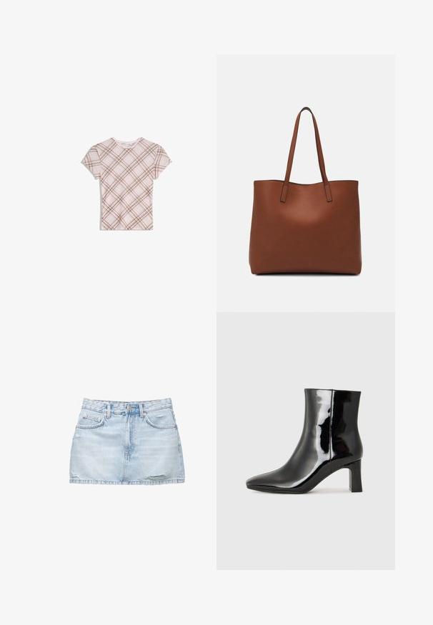 Roze t-shirt met korte mouwen en een bruin diagonaal ruitpatroon, ronde hals en subtiele ruches aan de kraag, plat gelegd op een witte achtergrond.; Lichtblauwe denim minirok met een rafelige zoom, twee voorkezen en een enkele knoopsluiting. Heeft een lichte slijtage voor een versleten uitstraling.; Zwarte gepolijste leren enkellaars met een spitse neus en een blokhak van gemiddelde hoogte. Glad textuur en minimalistisch ontwerp.; Bruine leren tote bag met een gladde textuur, een ontwerp met een open bovenkant en twee schouderbanden. Kenmerkt zich door minimale stiksels en geen zichtbare hardware.