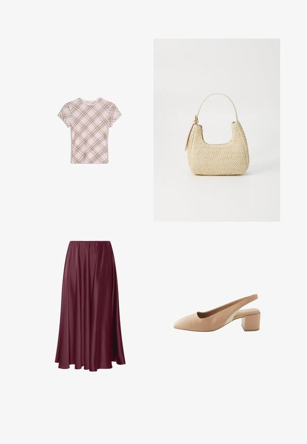 T-shirt rosa a maniche corte con motivo a quadri diagonali marroni, collo a giro, e sottile bordo arricciato sul collarino, disteso su uno sfondo bianco.; Gonna lunga color bordeaux realizzata in tessuto liscio e lucido, con un design fluido e una vita elasticizzata. Nessun motivo o dettaglio presente.; Punta a punta beige con cinturino, realizzata in pelle liscia. Caratterizzata da un tacco a blocco e un pannello a contrasto sul lato.; Borsa a tracolla intrecciata in paglia di colore beige, con una forma curva, manico corto e zip laterale. Presenta una superficie texturizzata e un design minimalista.